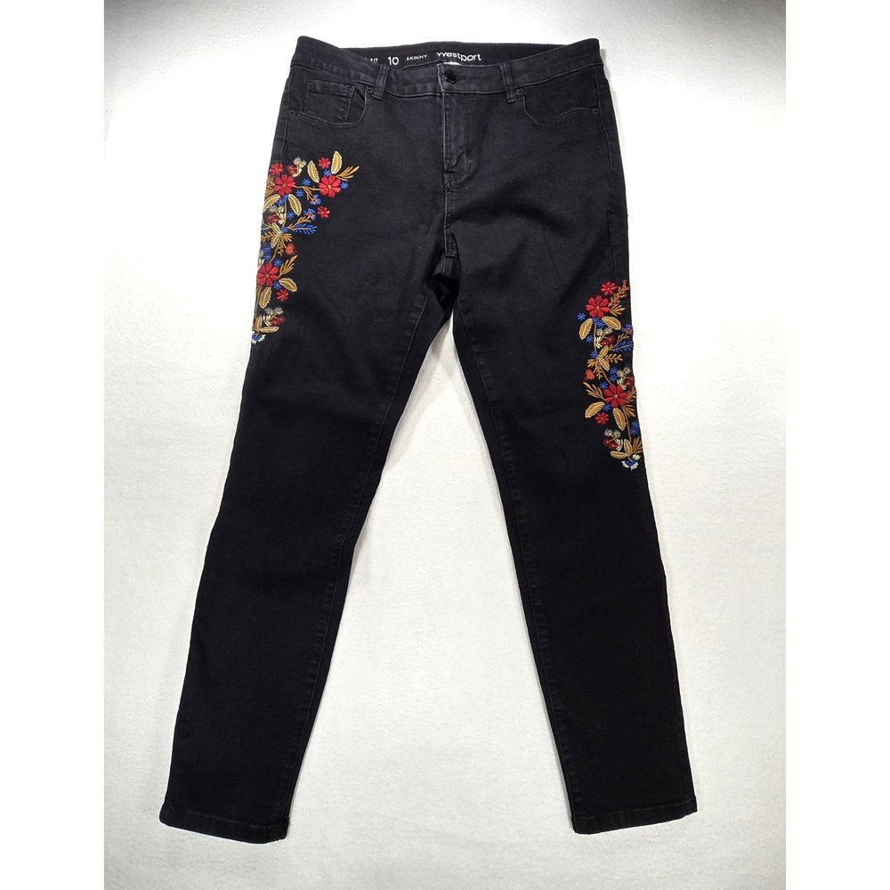 Westport Signature Fit Skinny Jeans Black Floral Embroidered Womens 10 Stretch